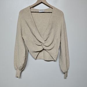 FINDERS KEEPERS Serafina Knit Sweater Beige Ribbed Pullover‎ V-Neck Sz 02 XS